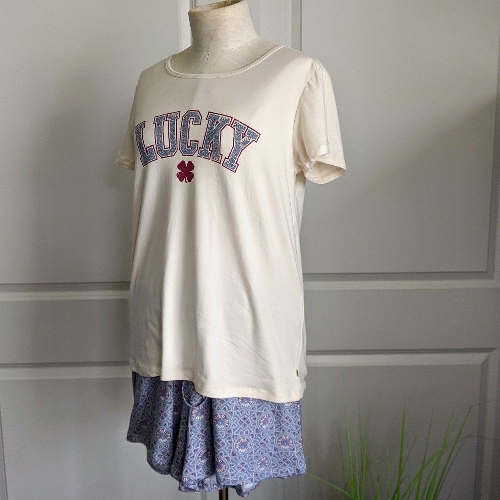 Lucky Brand Pajama Lounge Set Shorts Short Sleeve Tee Top White Red Blue M NWT - Picture 4 of 13
